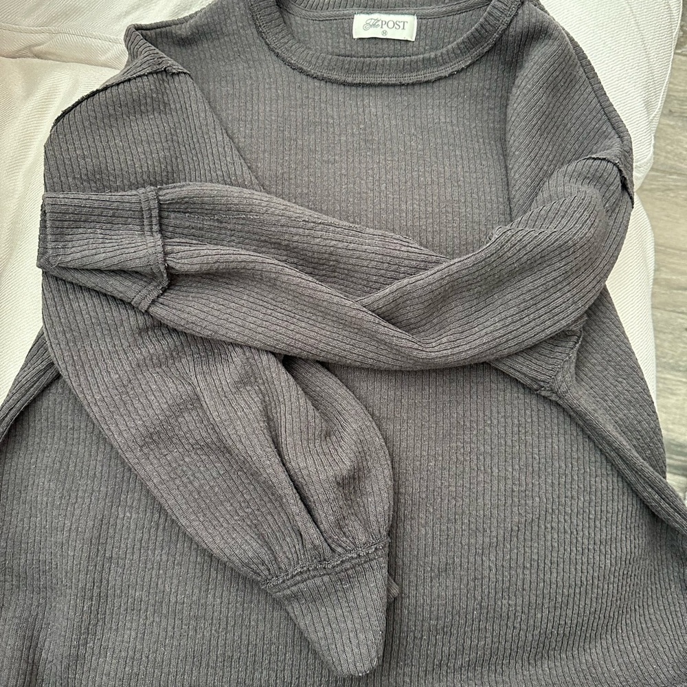 The Post Gray Crew Neck Sweater with Ribbed Texture